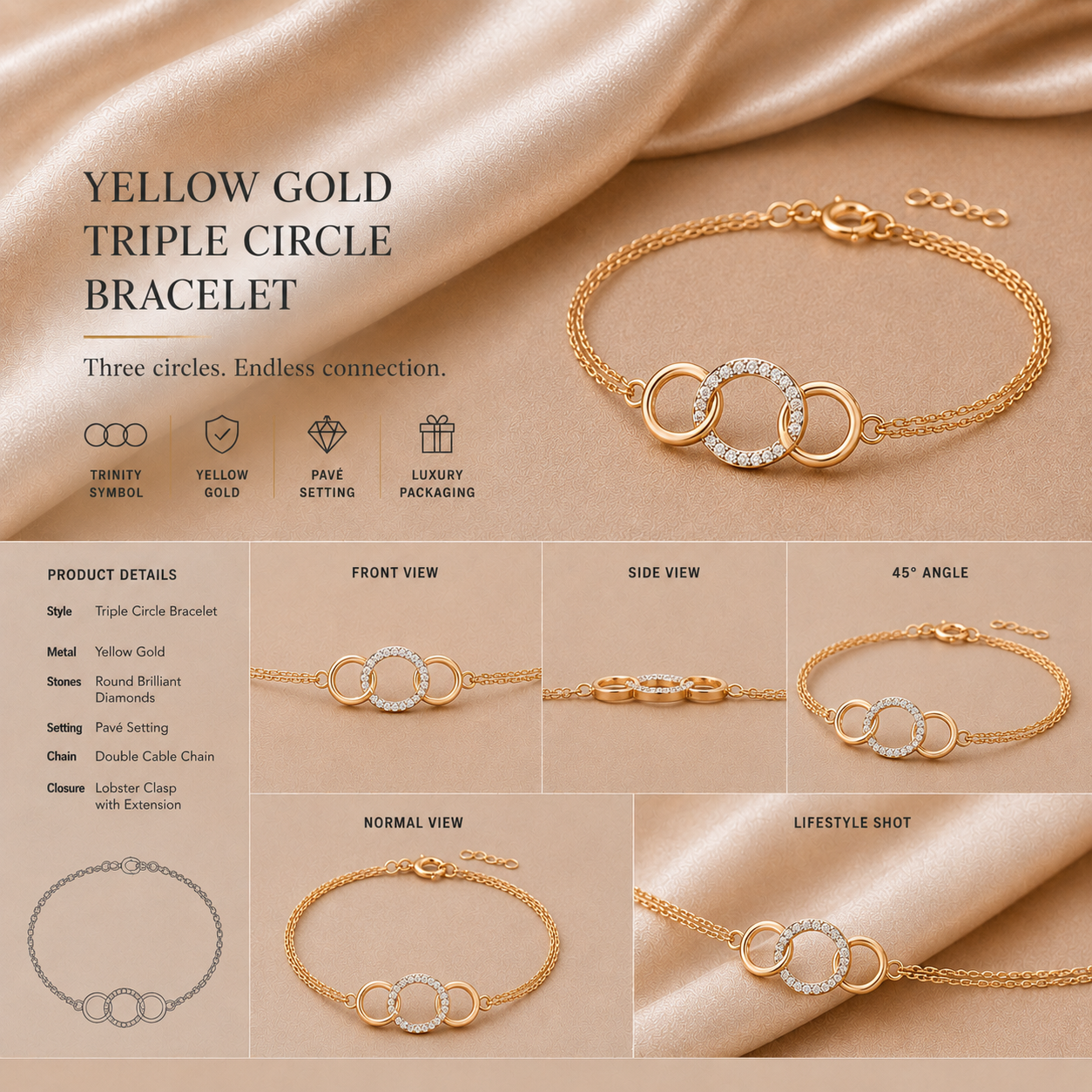 Ore 9K Gold Interlocking Triple-Circle Chain Bracelet
