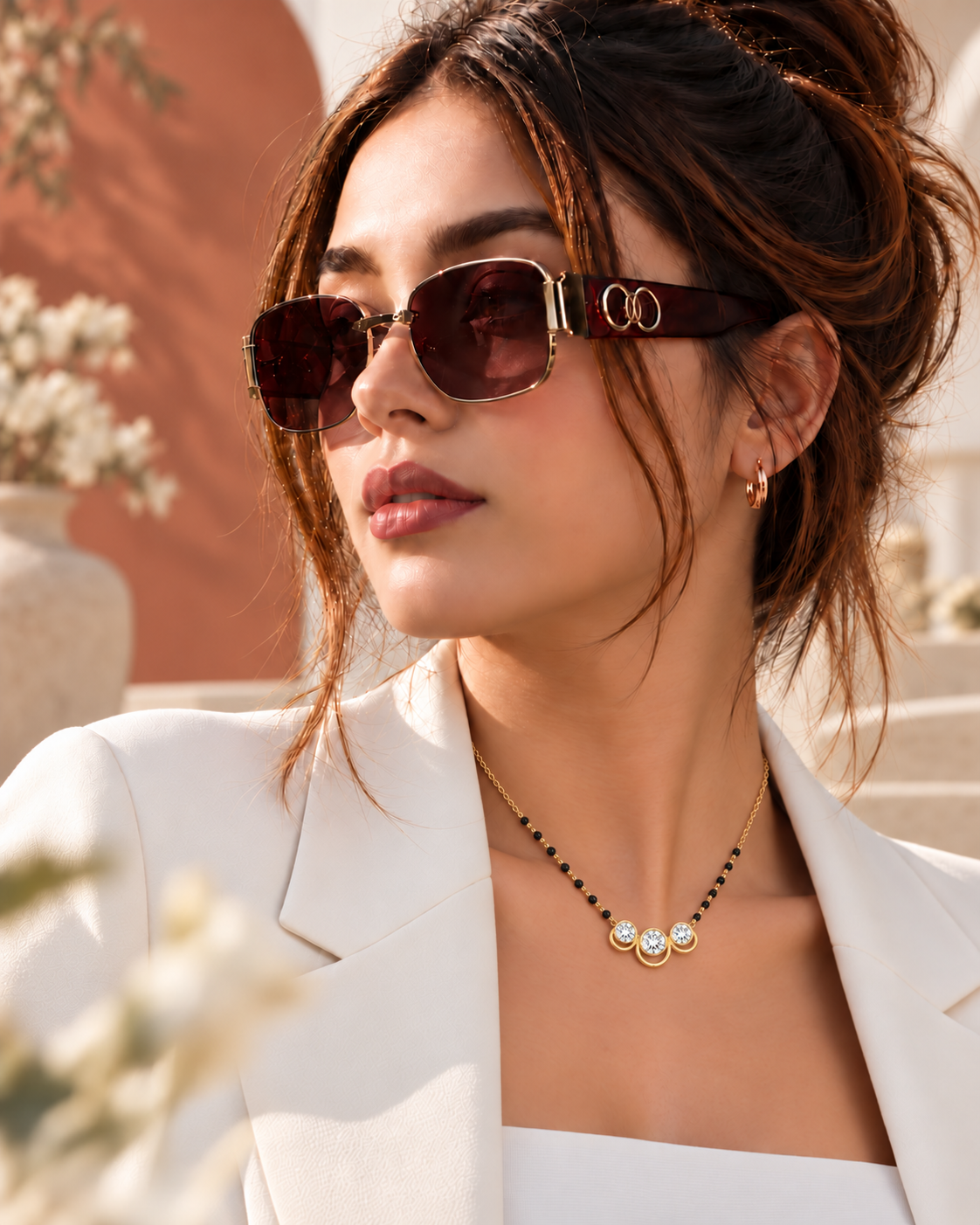 Oré 9K Gold Three-Stone Floral Mangalsutra Chain with laboratory-grown diamonds, view 2