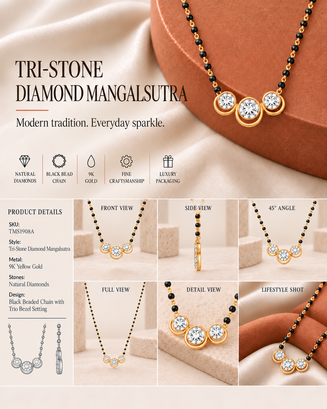 Oré 9K Gold Three-Stone Floral Mangalsutra Chain with laboratory-grown diamonds, view 3