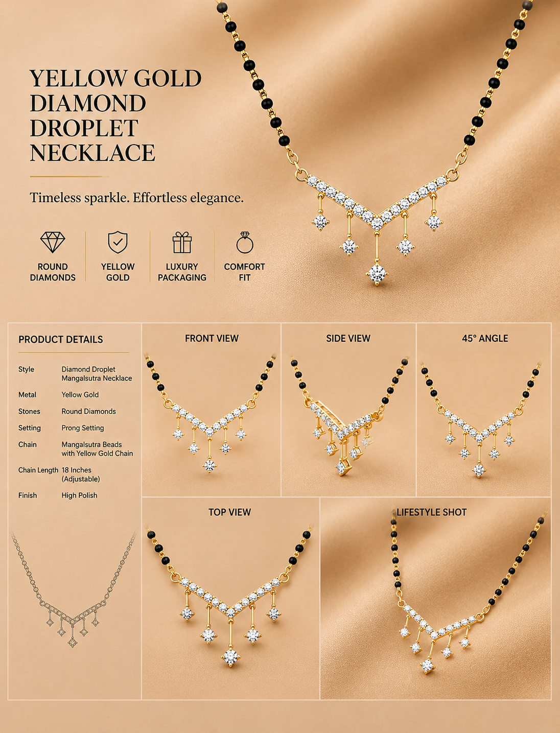 Ore 9K Gold Round Diamond Cluster Mangalsutra Chain