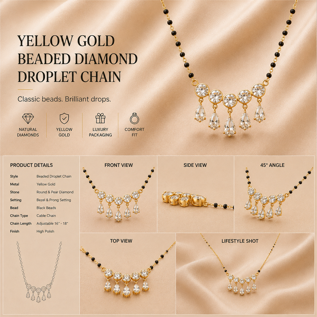 Ore 9K Gold Five-Stone Diamond Drop Mangalsutra Chain