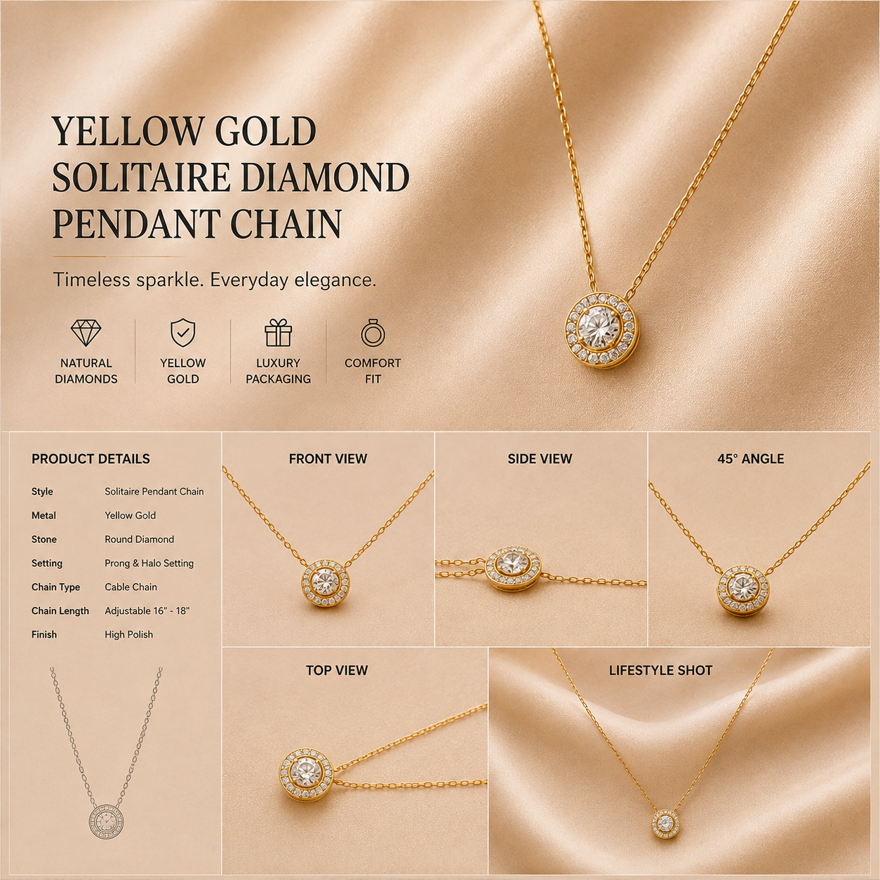 Ore 9K Gold Cushion Halo Pendant Mangalsutra Chain