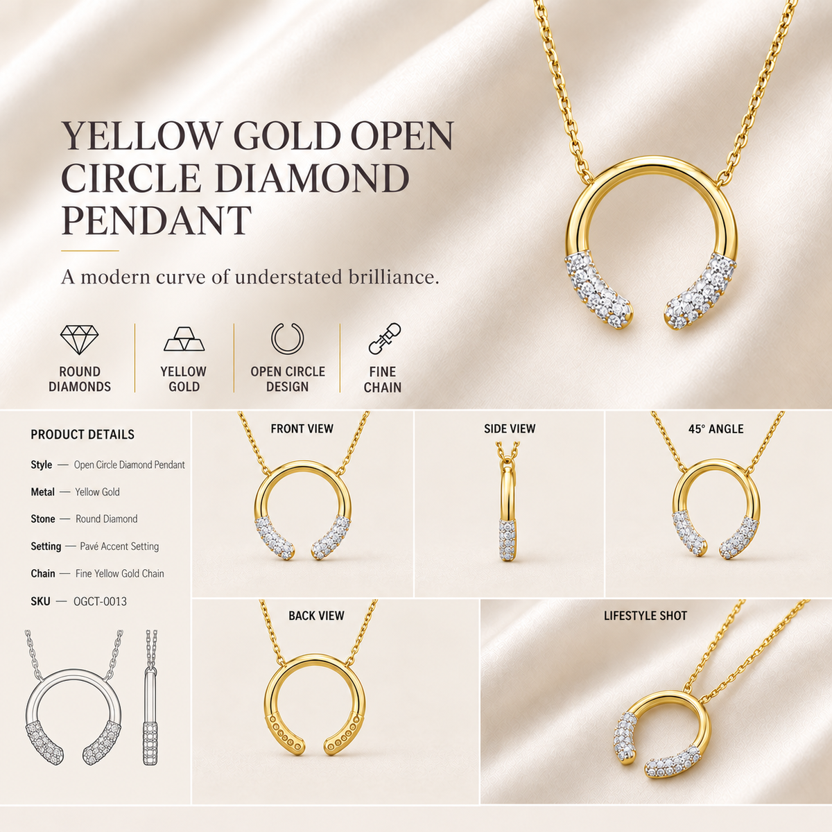 14K gold open circle diamond pendant by Oré, view 3