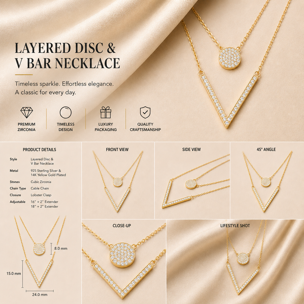 9K gold layered geometric diamond necklace by Oré, view 3