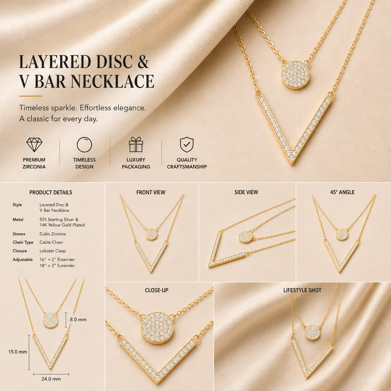 Ore 9K Gold Layered Geometric Diamond Necklace