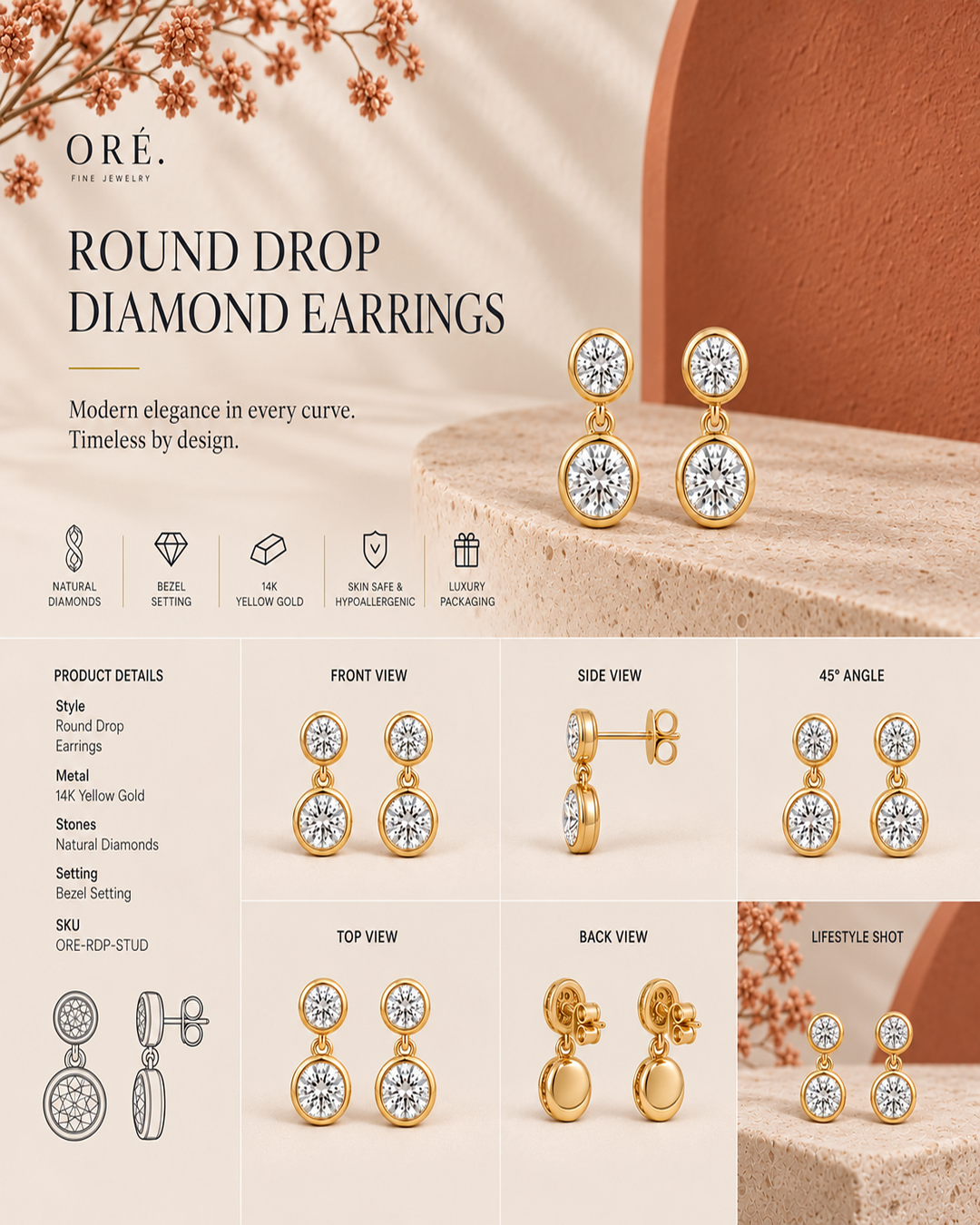 9K yellow gold double-stone diamond drop earrings by Oré, view 3