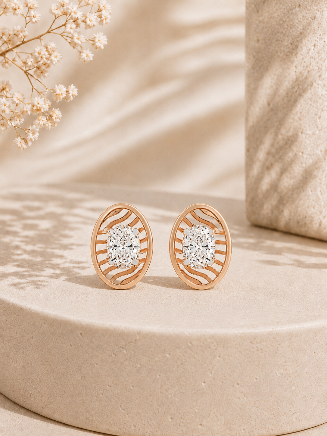 18K gold oval lattice diamond earrings by Oré, view 2