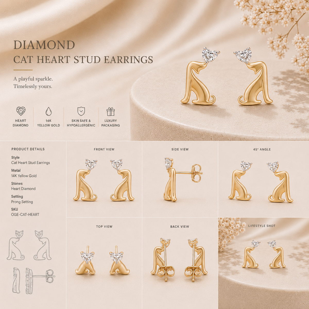 18K gold cat motif diamond earrings by Oré