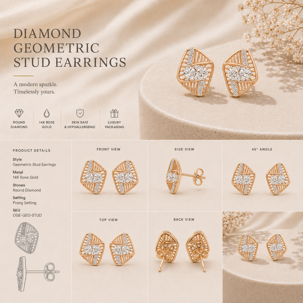 18K gold oval leaf diamond earrings by Oré, view 2