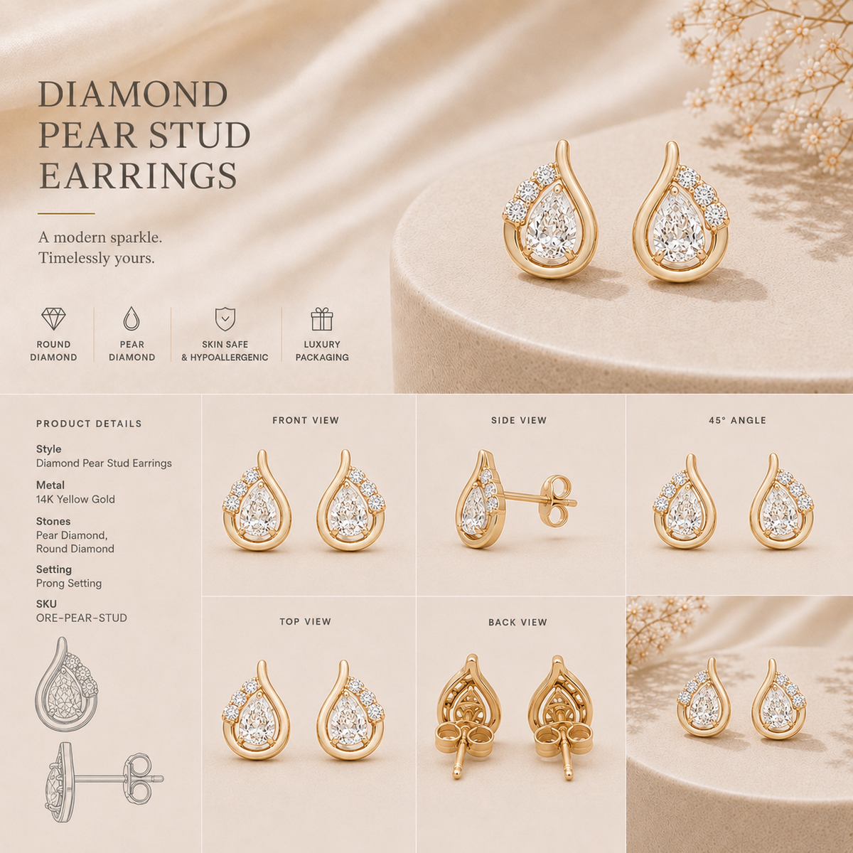 18K gold pear swirl diamond earrings by Oré