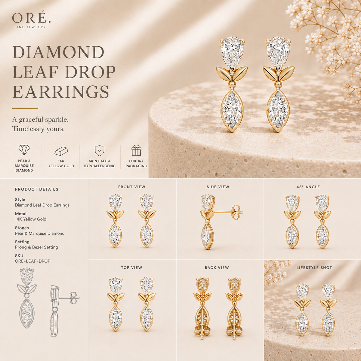 18K gold bow pear drop diamond earrings by Oré, view 3