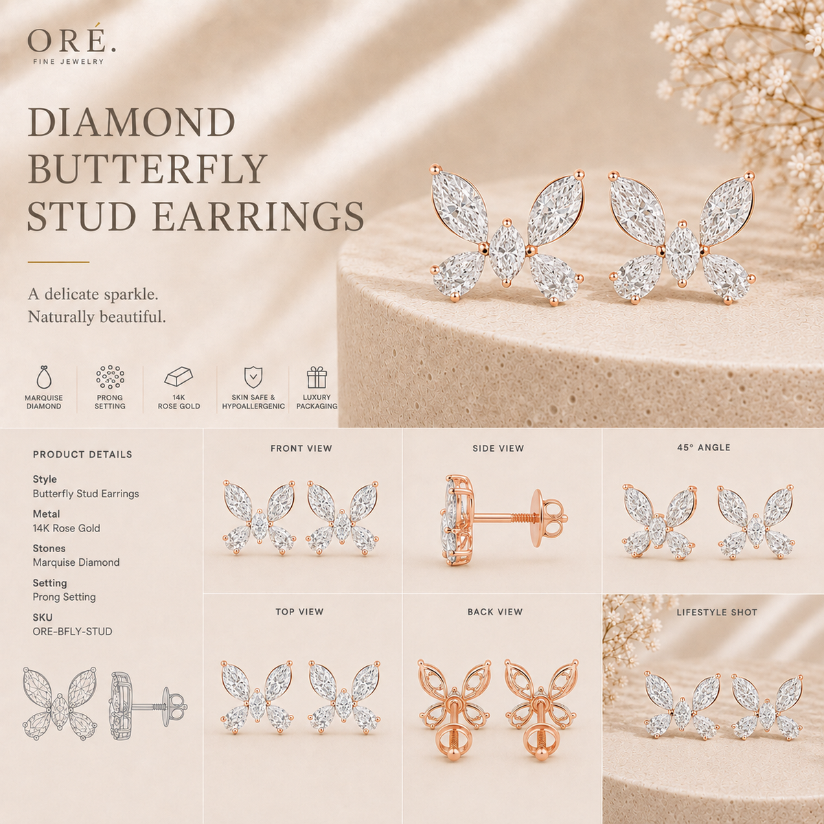 18K gold butterfly cluster diamond earrings by Oré, view 3