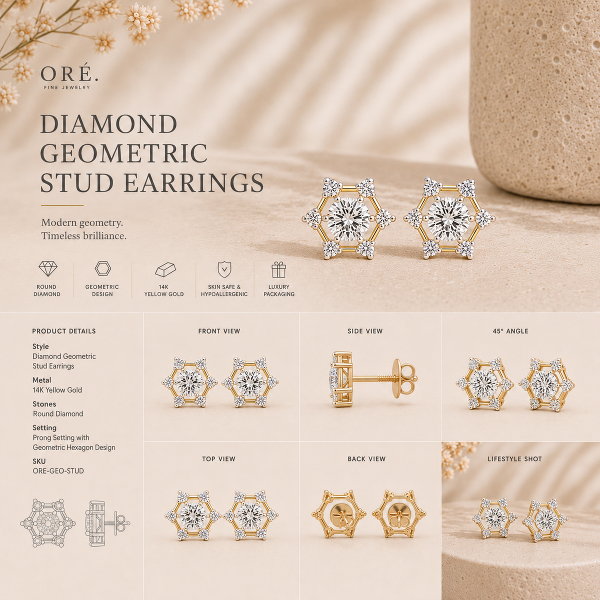 9K gold star cluster diamond earrings by Oré, view 2