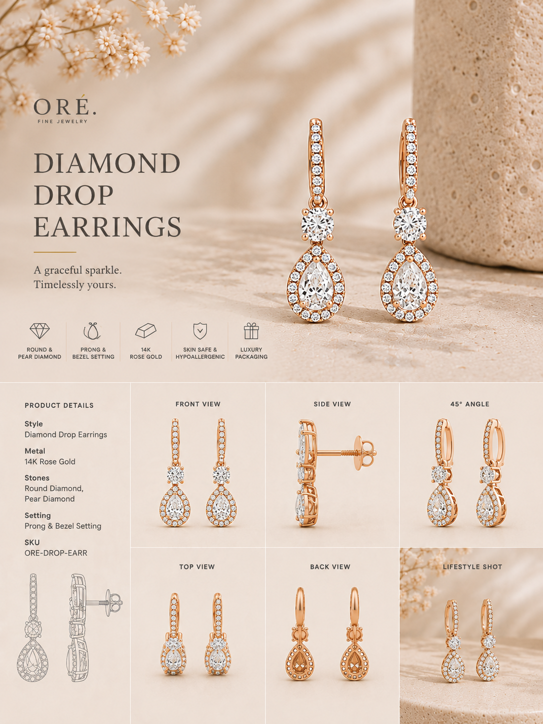 18K gold teardrop halo drop earrings by Oré, view 2