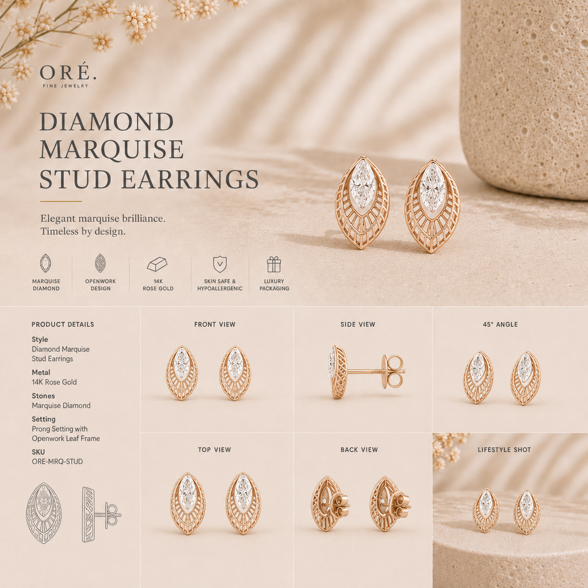 18K gold layered leaf diamond earrings by Oré, view 4