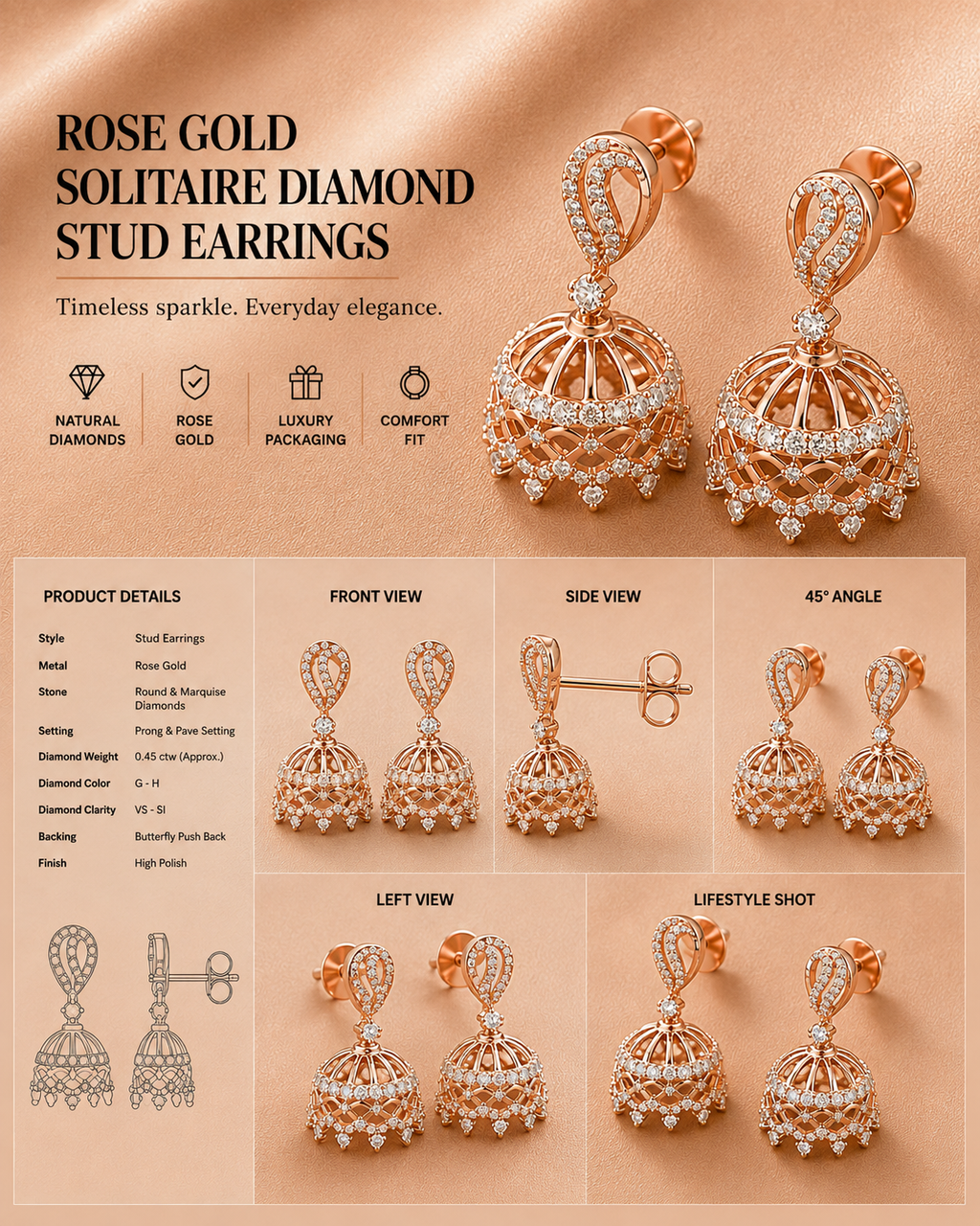 Ore 9K Gold Diamond Jhumka Drop Earrings