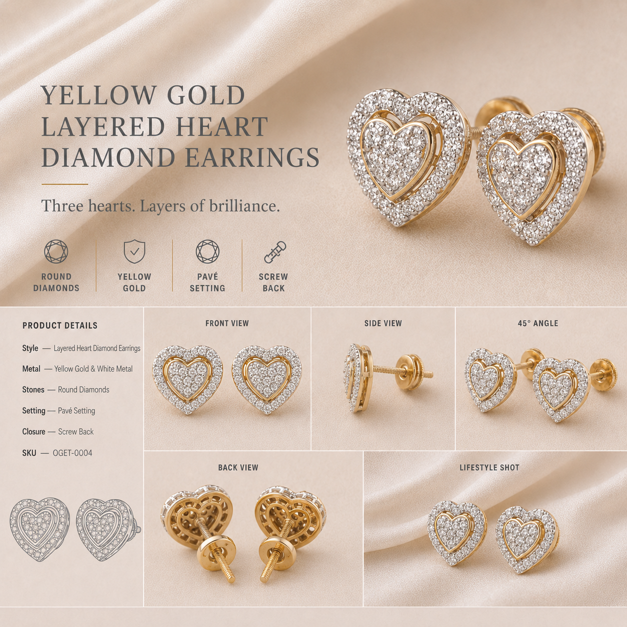 Ore 14KT Yellow Gold Heart Earrings