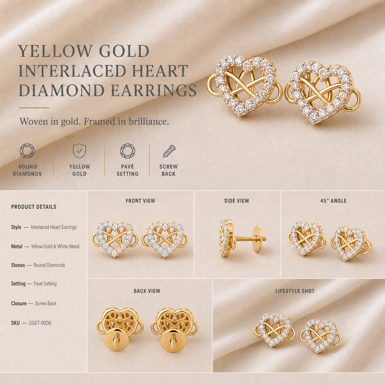 Ore 9K Gold Heart-Shaped Diamond Stud Earrings