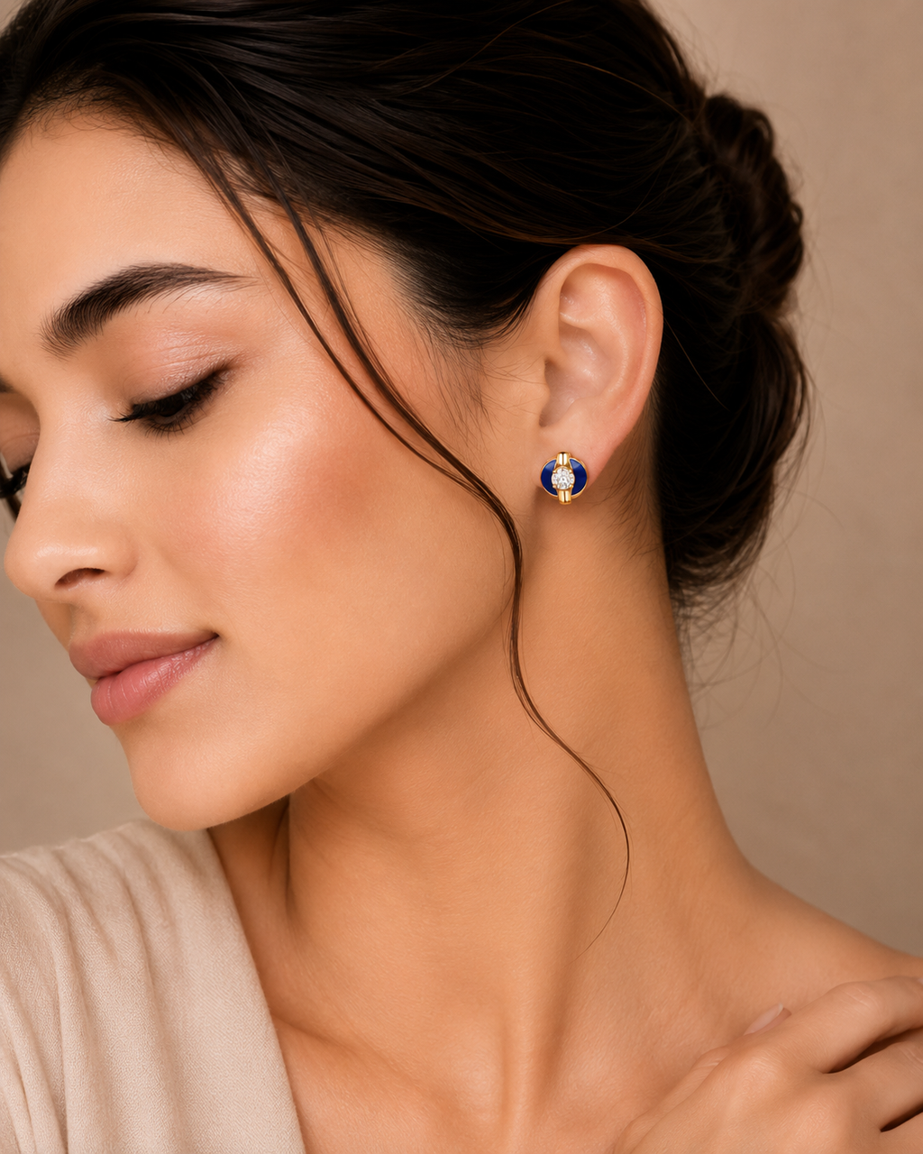 Ore 9K Gold Blue Enamel Solitaire Stud Earrings