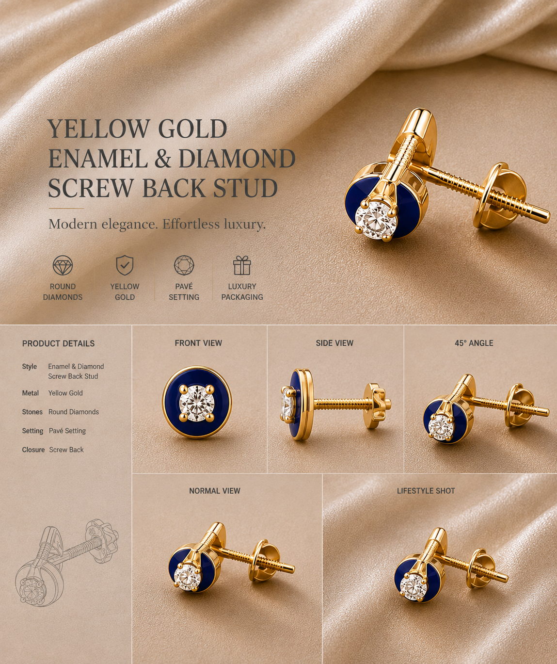 Ore 9K Gold Blue Enamel Solitaire Stud Earrings