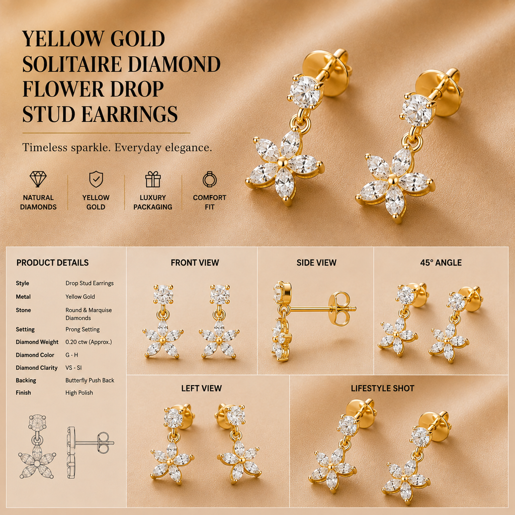 Ore 9K Gold Diamond Floral Drop Earrings