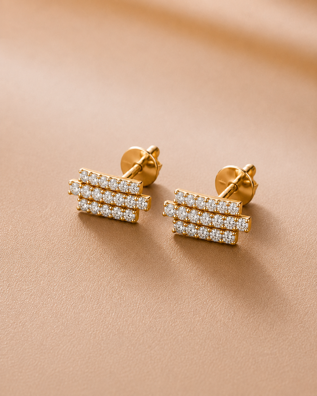 Ore 9K Gold Triple-Bar Pave Diamond Stud Earrings