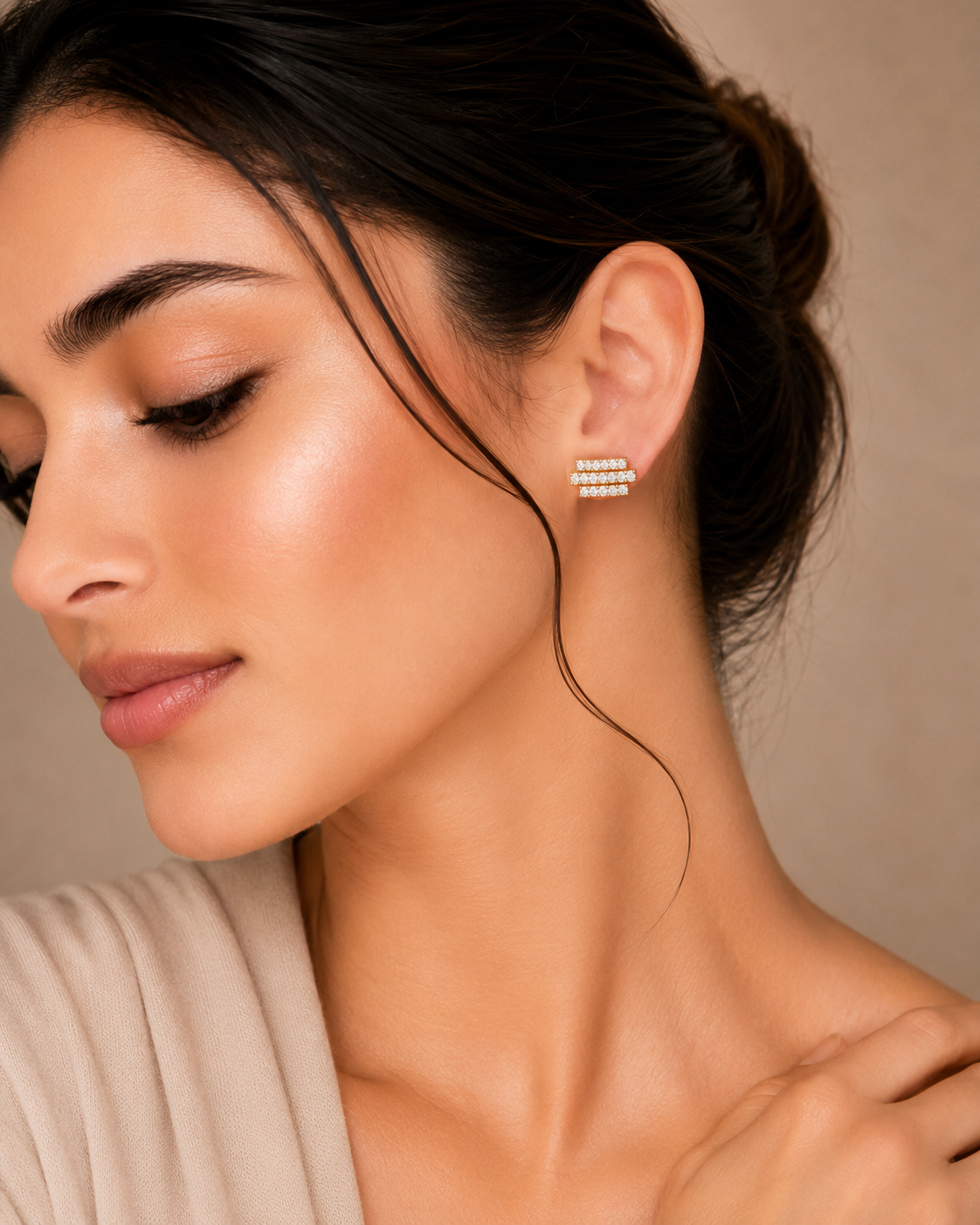Ore 9K Gold Triple-Bar Pave Diamond Stud Earrings