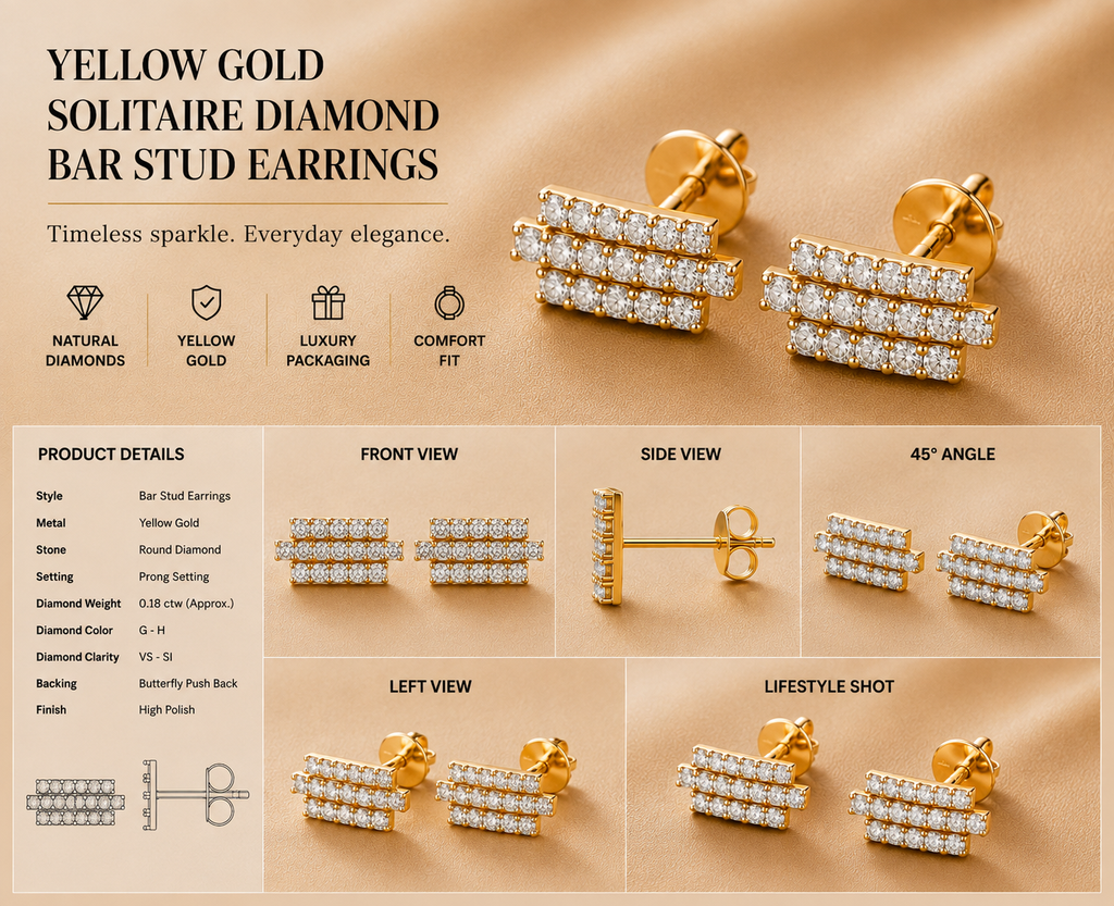 Ore 9K Gold Triple-Bar Pave Diamond Stud Earrings