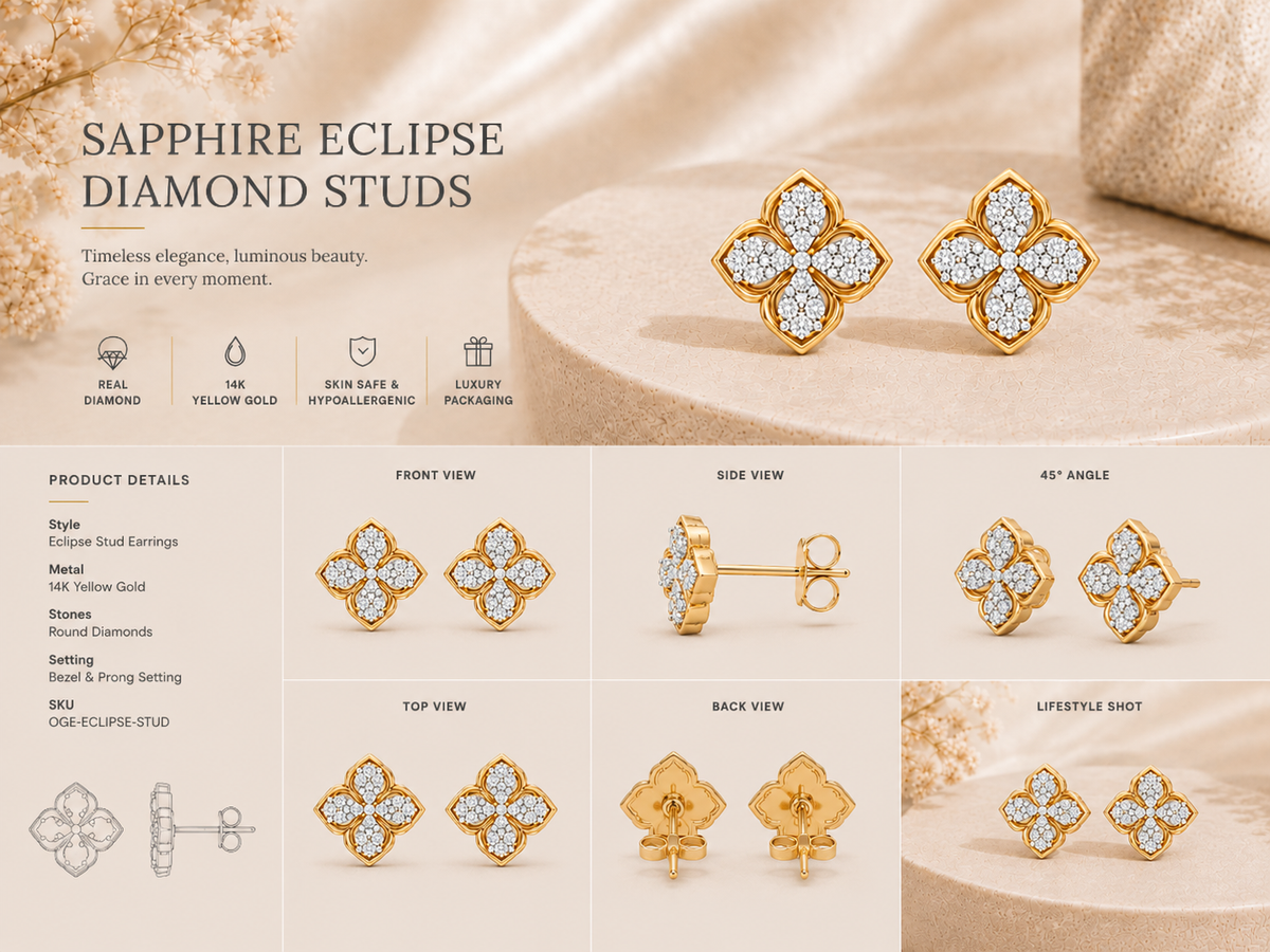 14K gold four-petal floral diamond earrings by Oré, view 3