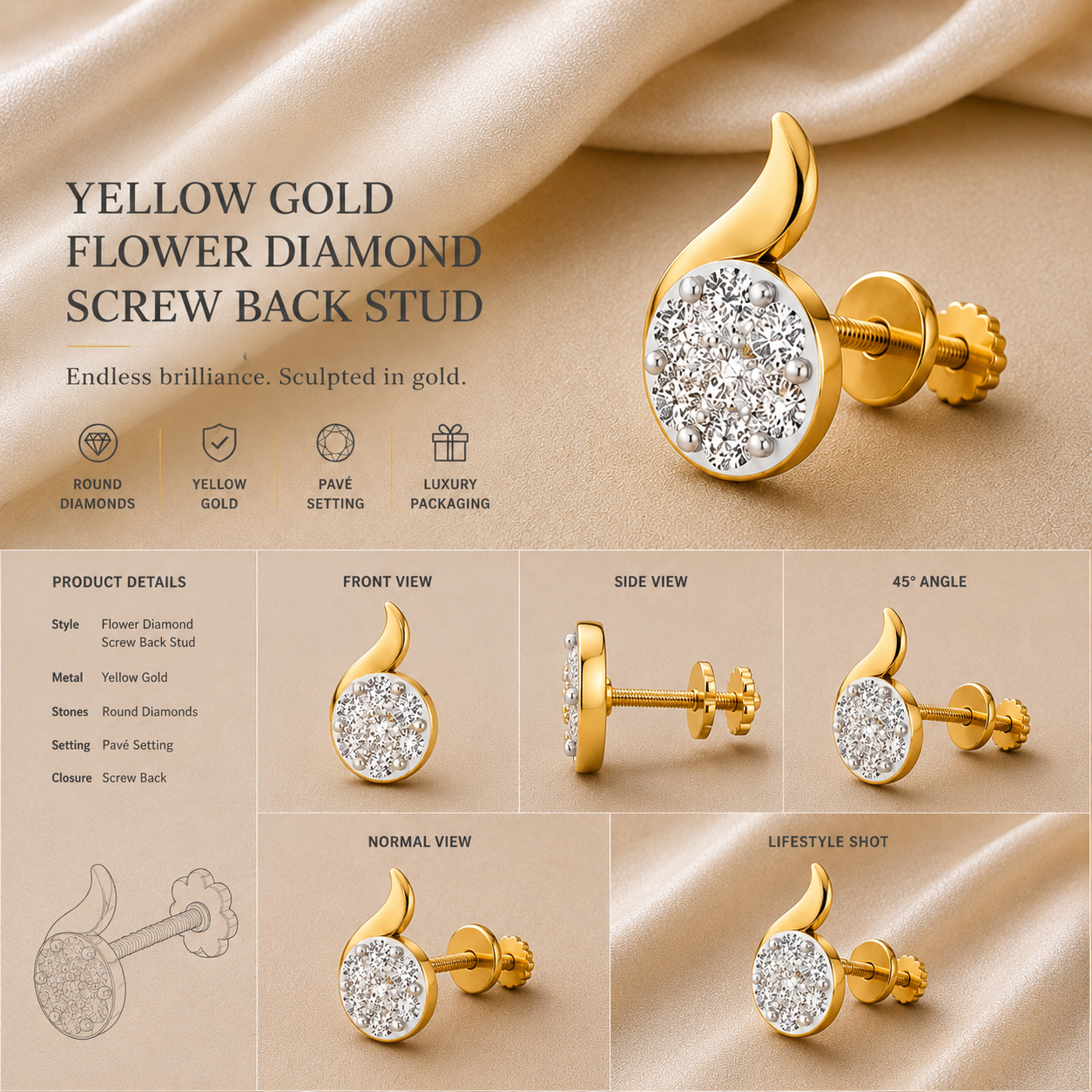 Ore 9K Gold Flame-Inspired Diamond Cluster Stud Earrings