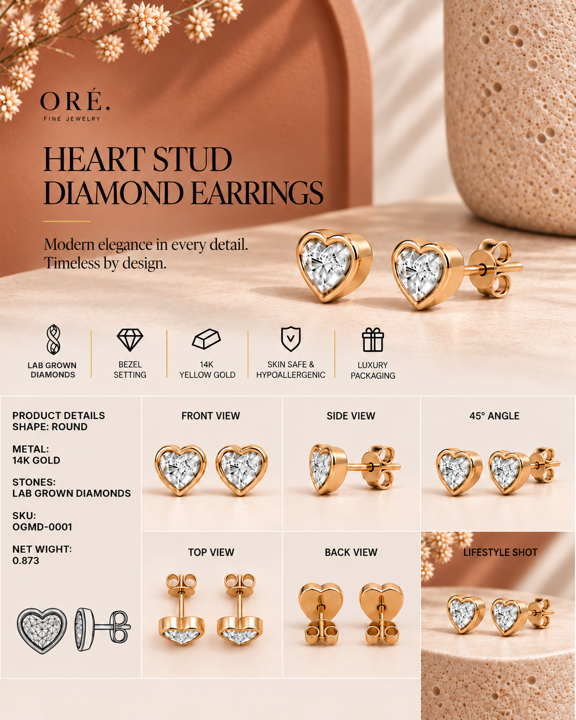 14K yellow gold heart solitaire diamond earrings by Oré, view 3