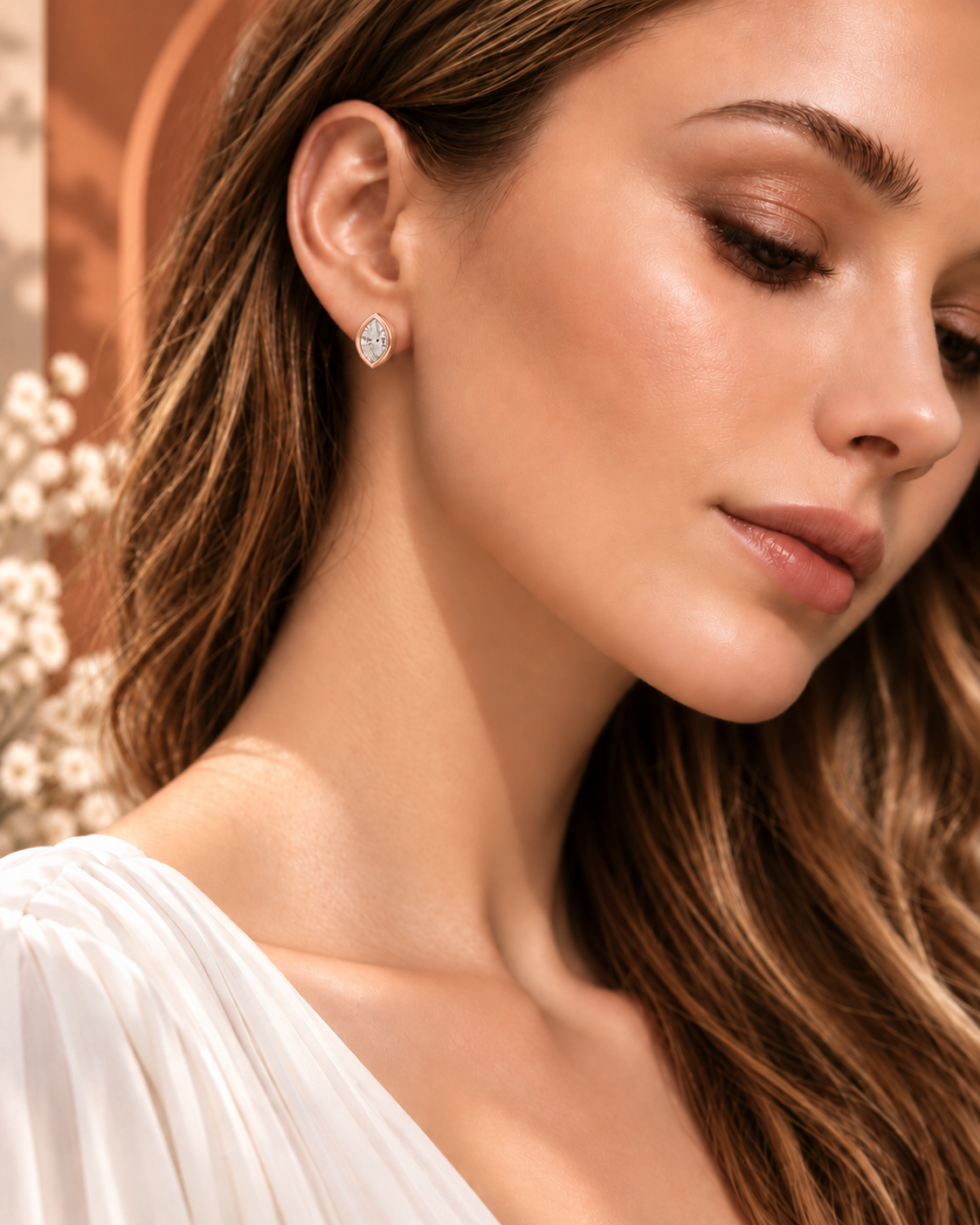 14K rose gold leaf-inspired round diamond earrings by Oré, view 2
