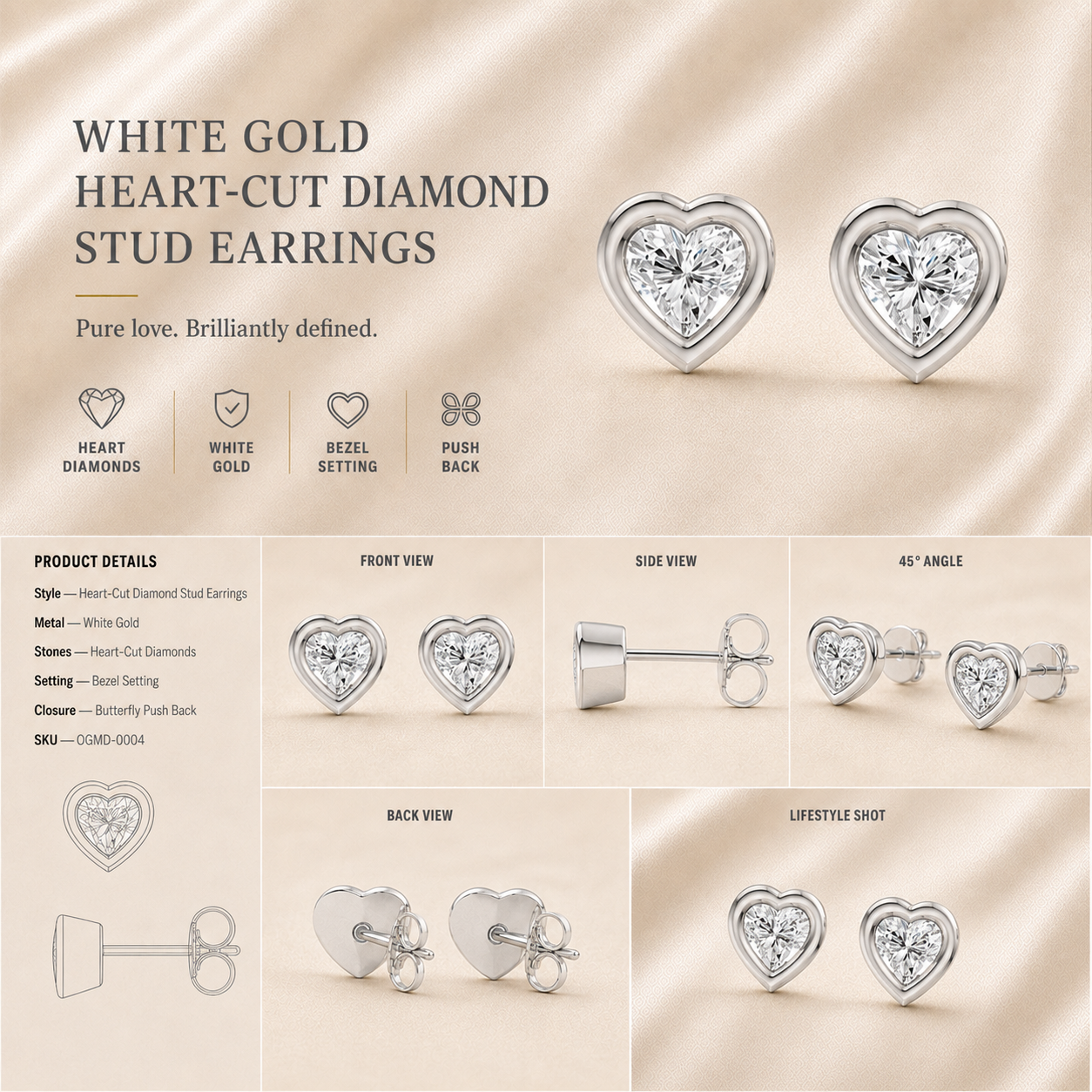 Ore 14KT Rose Gold Heart Solitaire Diamond Earrings