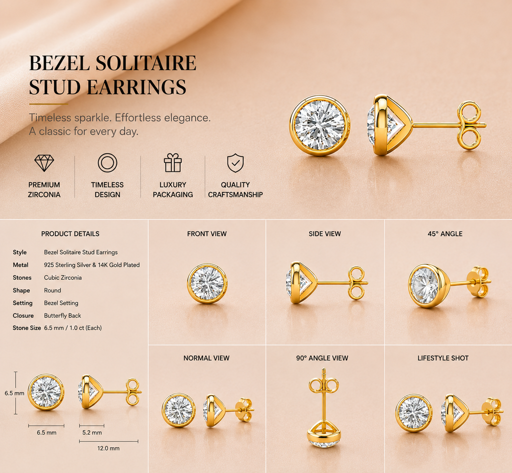 Ore 9K Yellow Gold 1.00 ct Round Bezel-Set Solitaire Stud Earrings