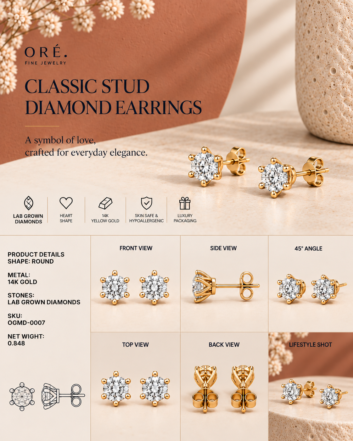 14K yellow gold classic round solitaire stud earrings by Oré, view 3