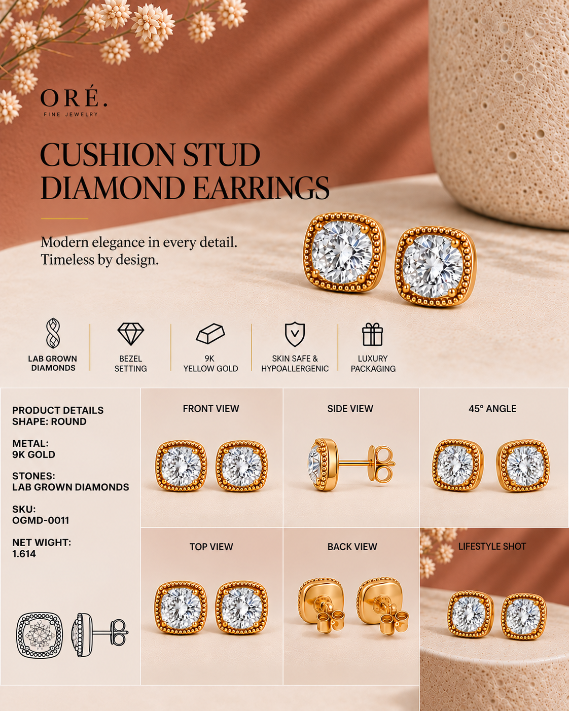 9K yellow gold classic round solitaire stud earrings by Oré, view 3