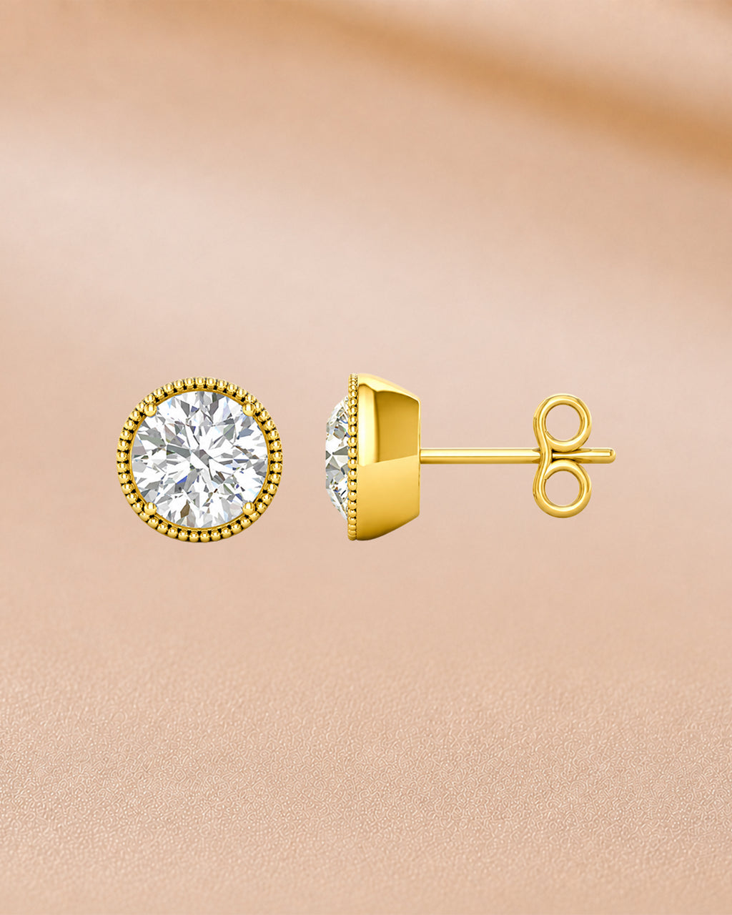 Ore 9K Rose Gold Round Milgrain Bezel Solitaire Stud Earrings