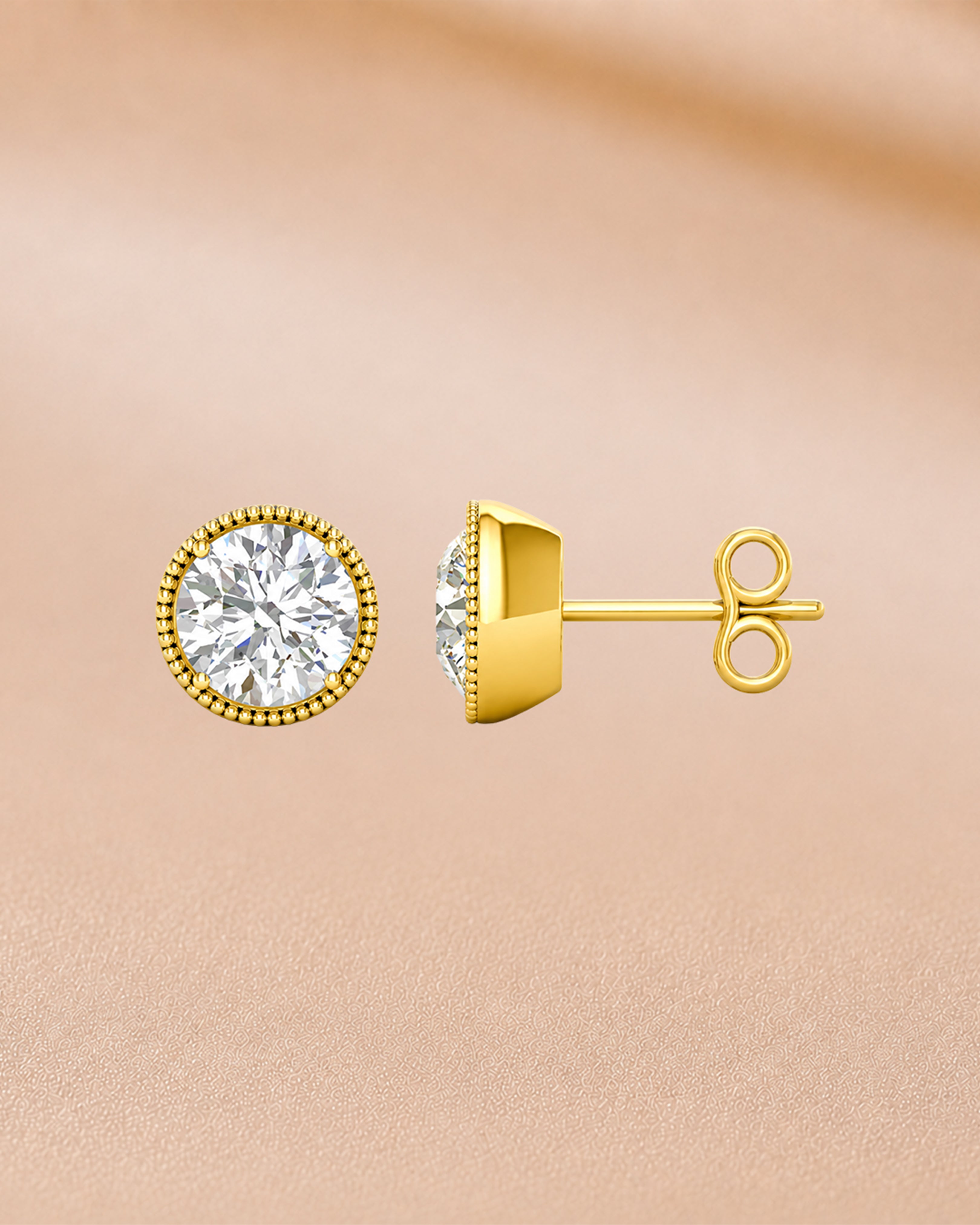Ore 9K Rose Gold Round Milgrain Bezel Solitaire Stud Earrings
