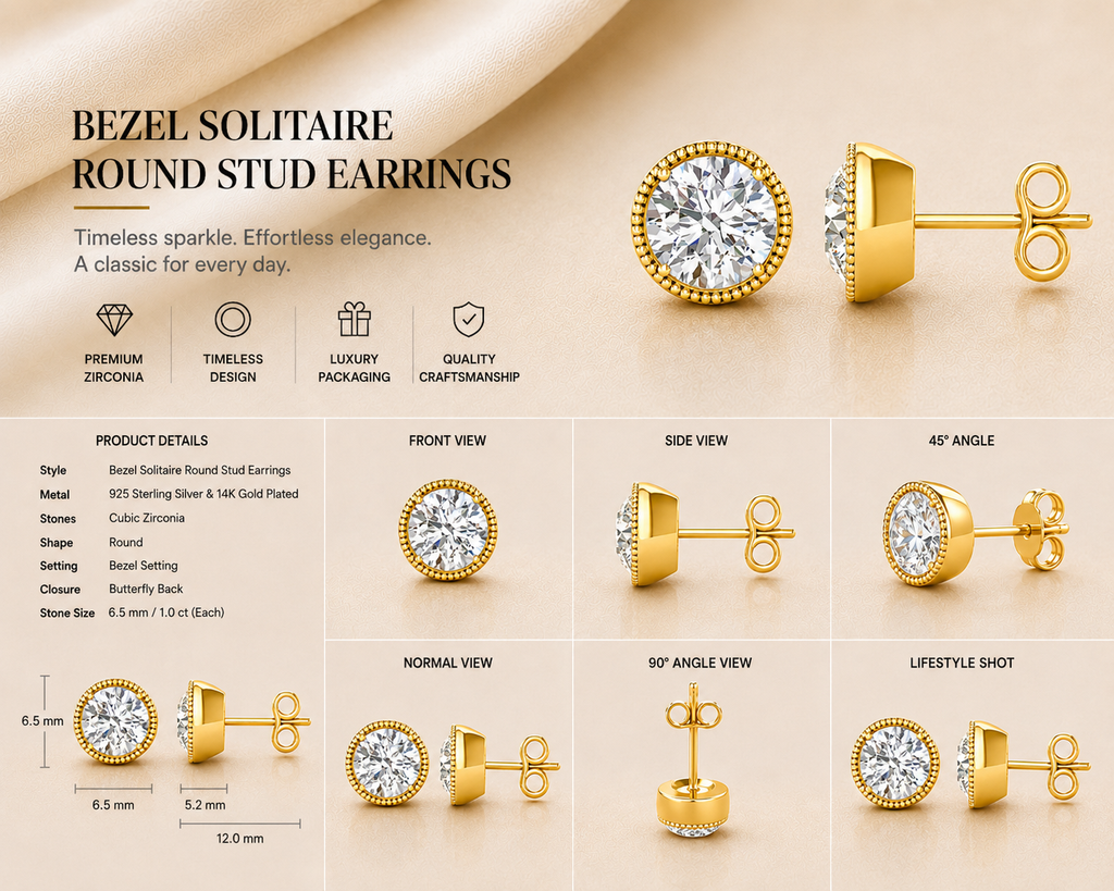Ore 9K Rose Gold Round Milgrain Bezel Solitaire Stud Earrings