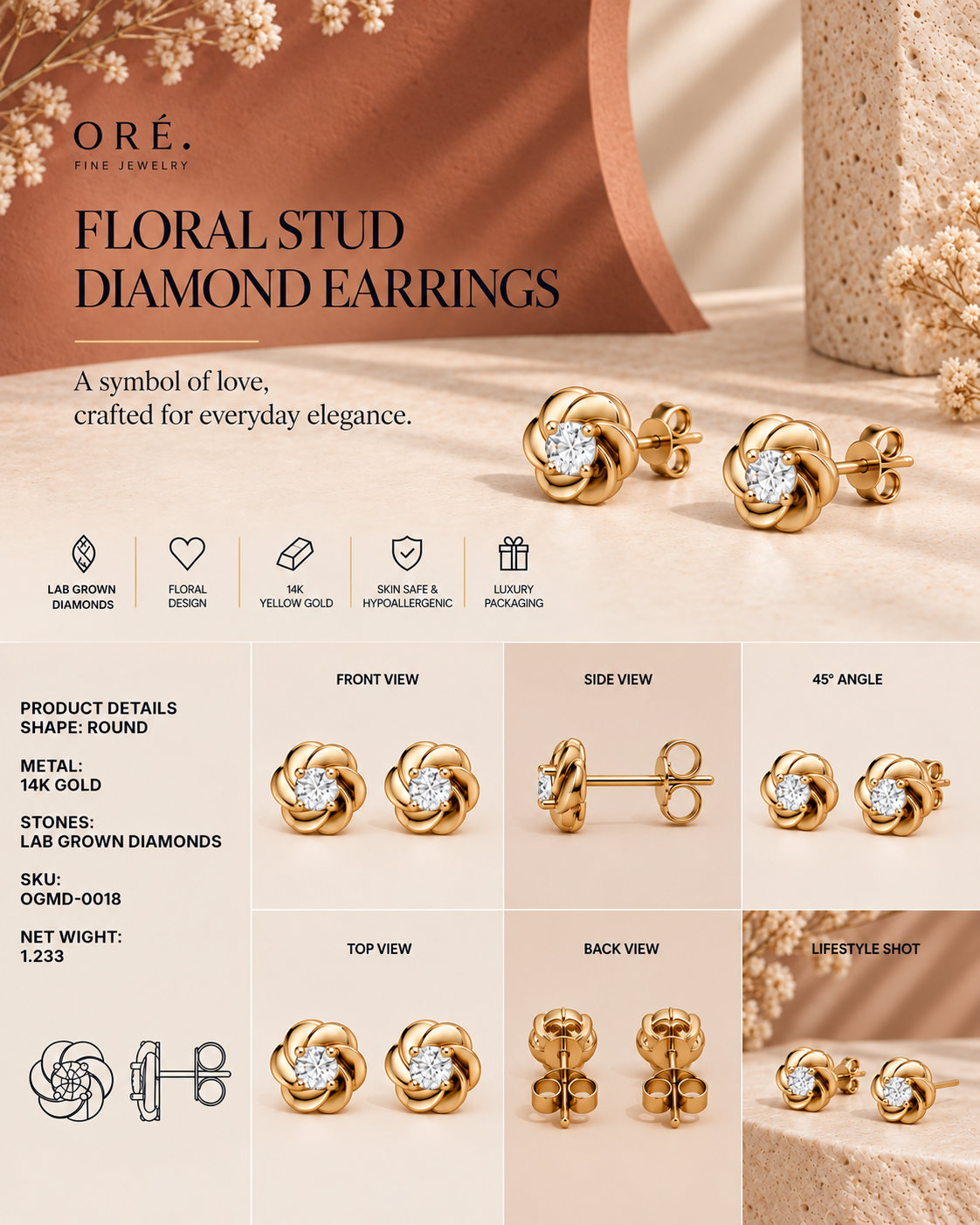 14K yellow gold round halo diamond earrings by Oré, view 3