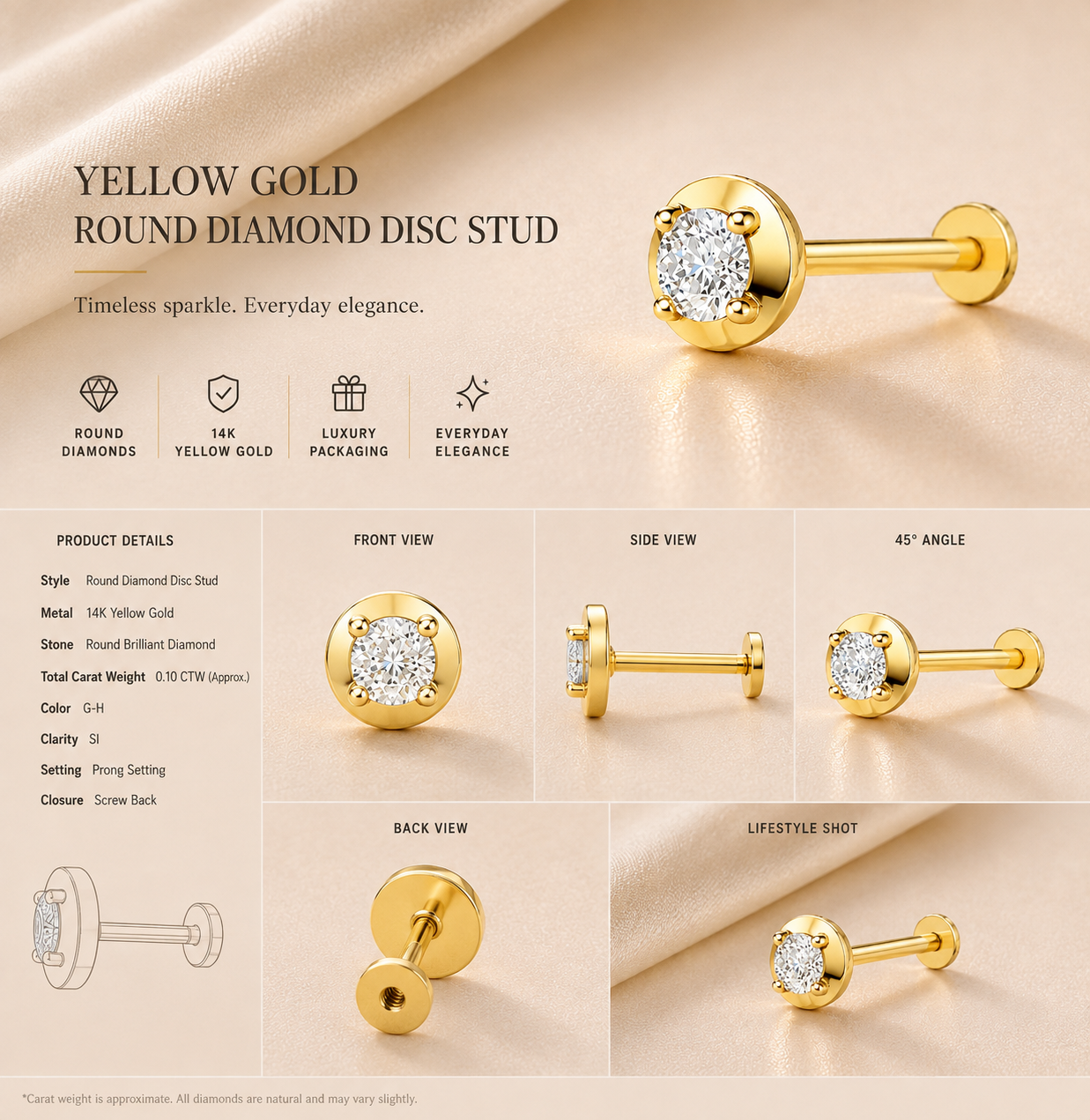 Ore 9K Rose Gold Round Solitaire Disc Nose Pin