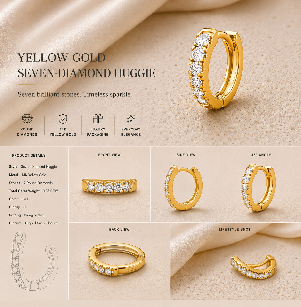 Ore 9K Yellow Gold Diamond Huggie Hoop Nose Ring