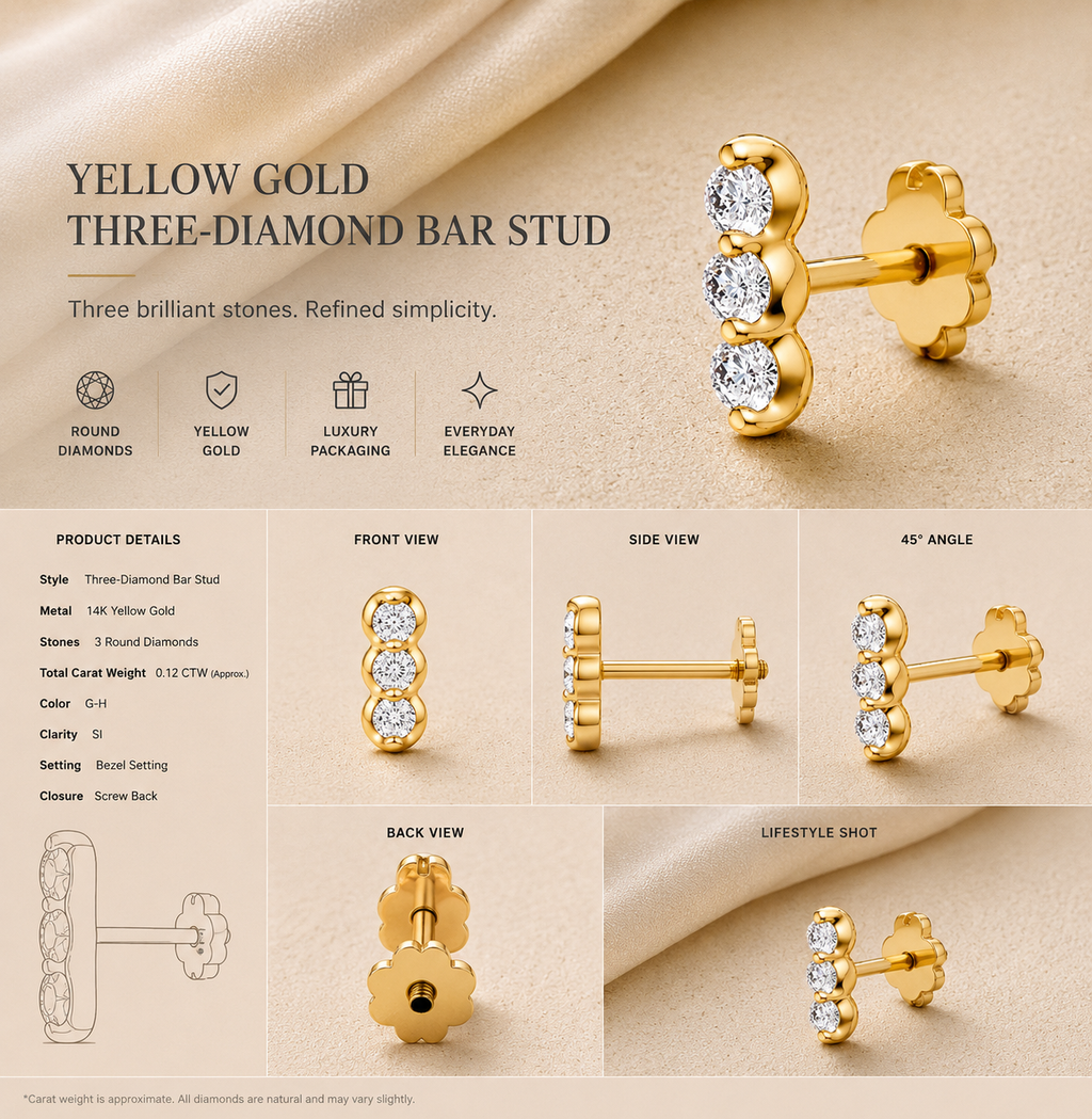 Ore 9K Yellow Gold Three-Stone Vertical Diamond Nose Pin