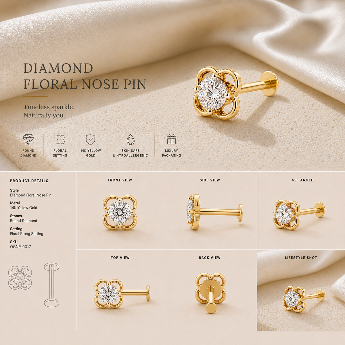 14K gold floral solitaire diamond nose pin by Oré, view 3