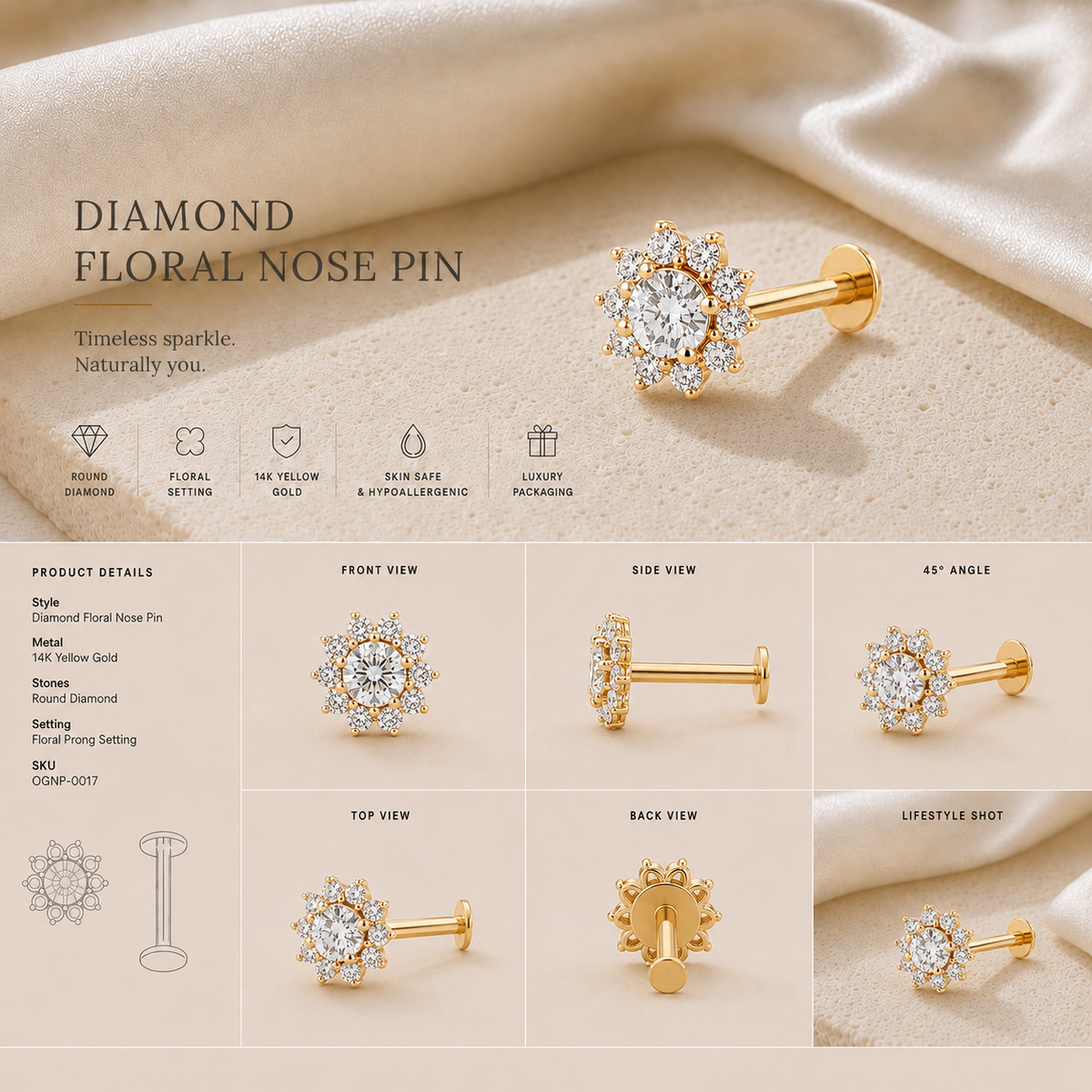18K gold layered floral cluster nose pin by Oré, view 2