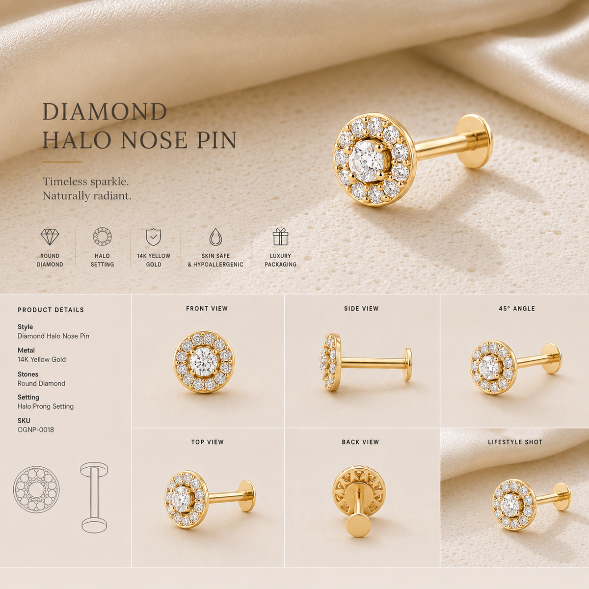18K gold round halo solitaire nose pin by Oré, view 2