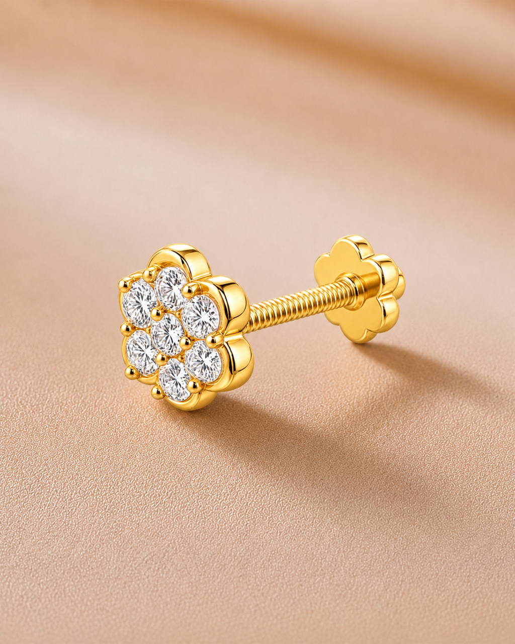 Ore 9K Gold Floral Diamond Screw-Back Nose Pin