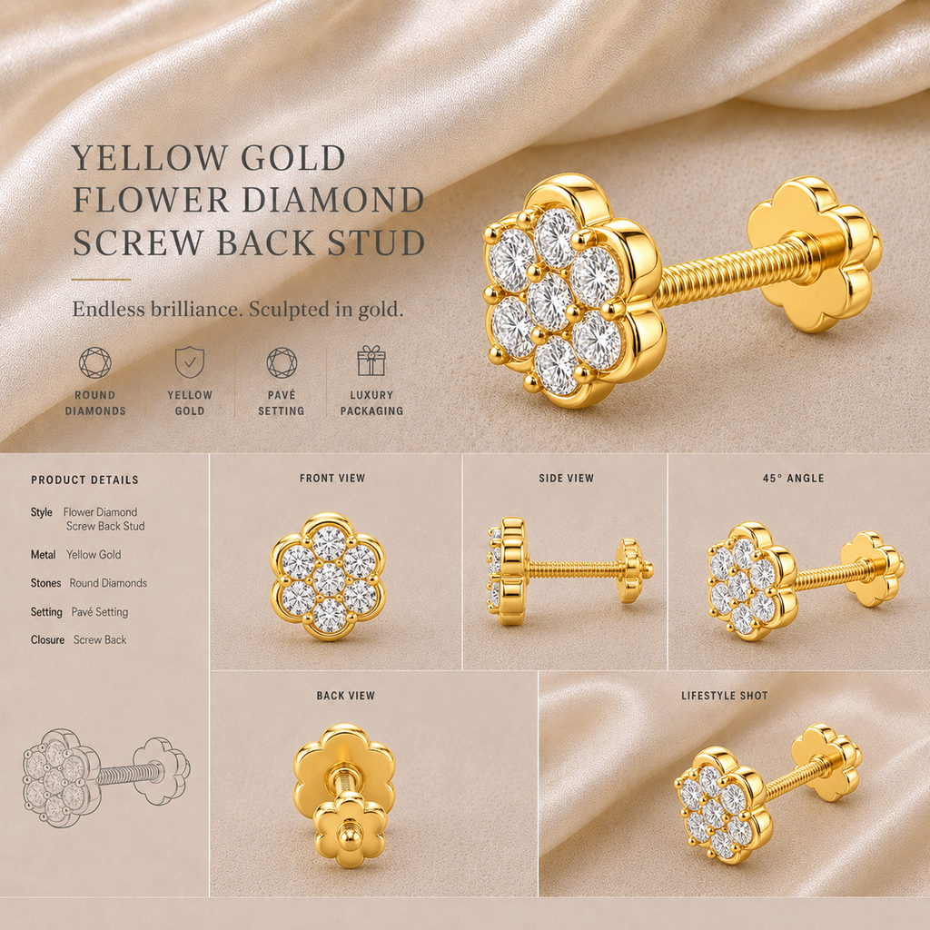 Ore 9K Gold Floral Diamond Screw-Back Nose Pin