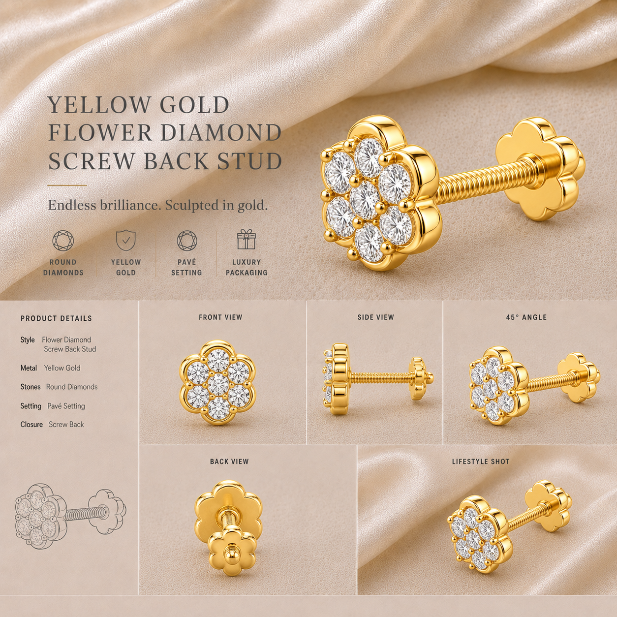 Ore 9K Gold Floral Diamond Screw-Back Nose Pin