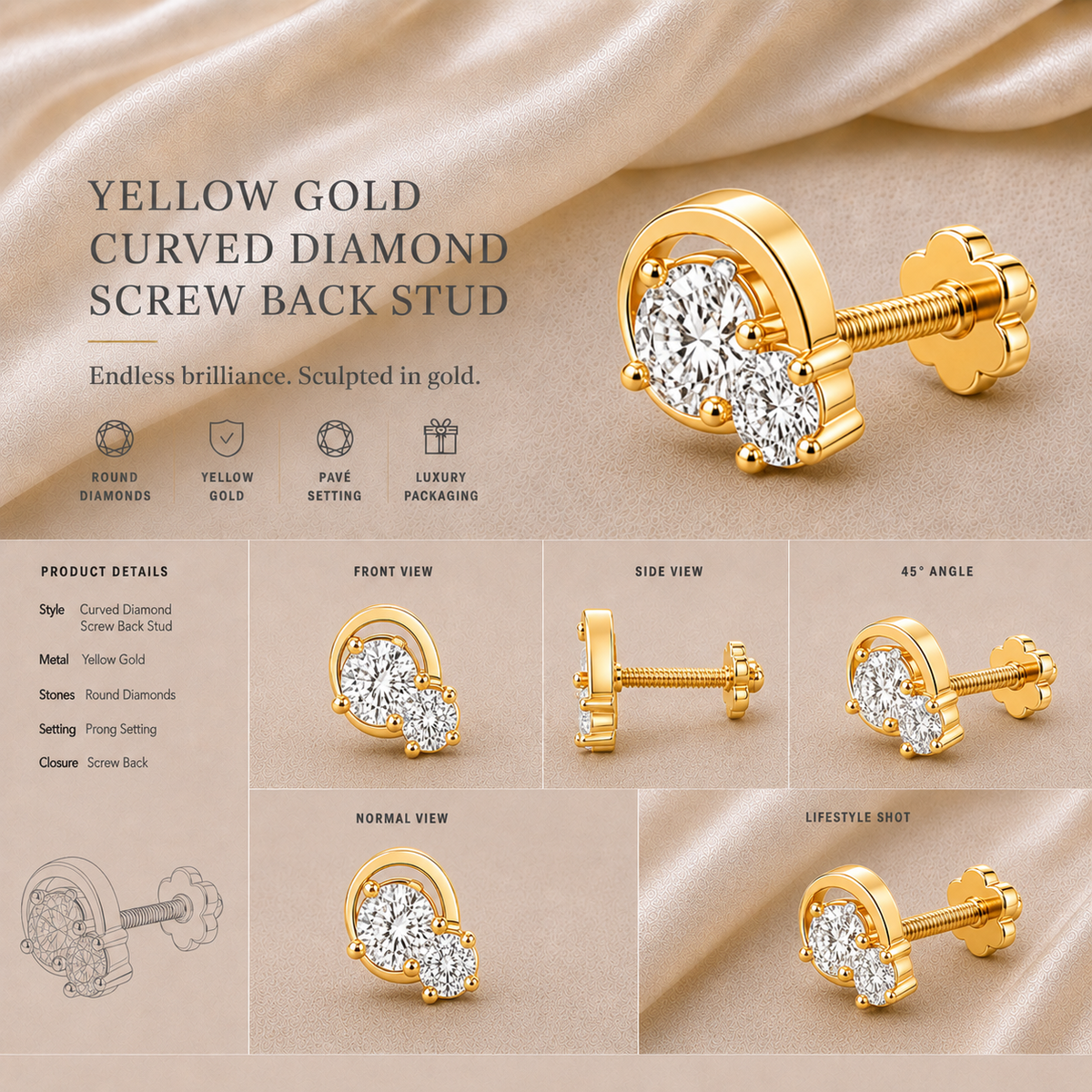 9K gold round floral cluster nose pin by Oré, view 3